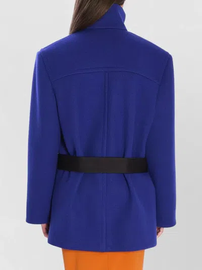 Saint Laurent Boxy Wool Coat Removable Silk Belt In Blue
