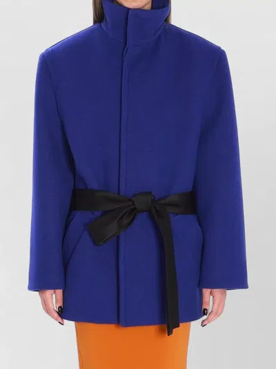 Saint Laurent Boxy Wool Coat Removable Silk Belt In Blue