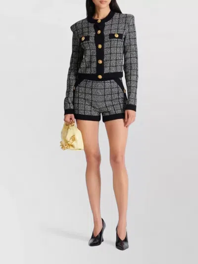 Balmain Cropped Tweed Check Cardigan Gold Buttons In Black