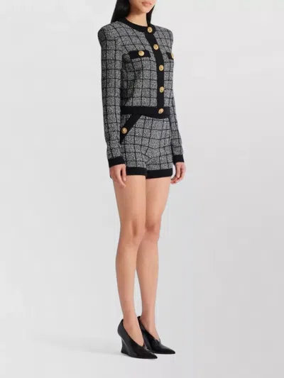 Balmain Cropped Tweed Check Cardigan Gold Buttons In Black