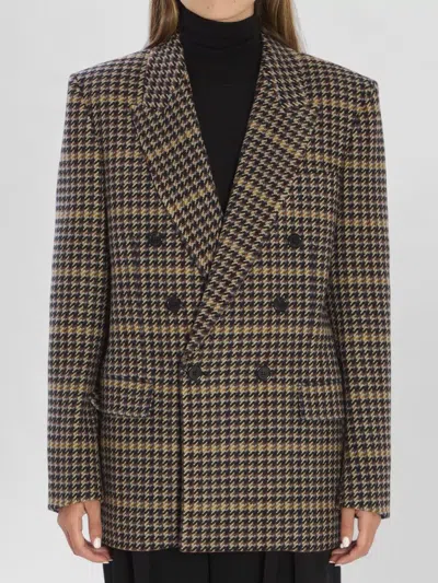 Saint Laurent Brown Double-breasted Jacket With Notched Revers And All-over Check Motif In Wool Woman