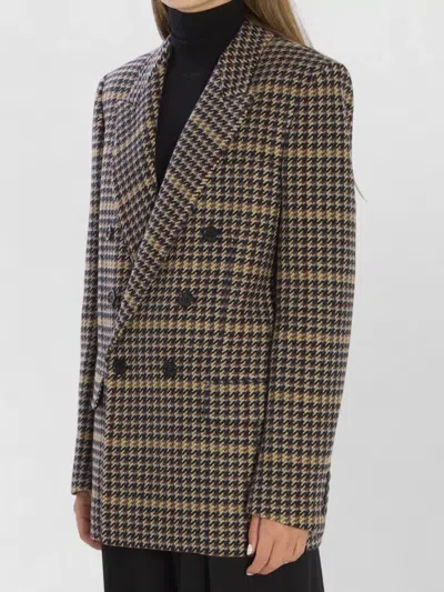 Saint Laurent Brown Double-breasted Jacket With Notched Revers And All-over Check Motif In Wool Woman