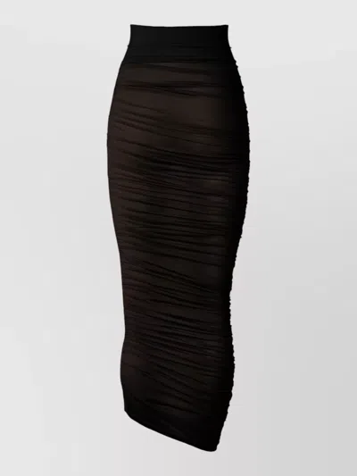 Wolford Sheer Ruched Midi Skirt Asymmetric Waist In Black