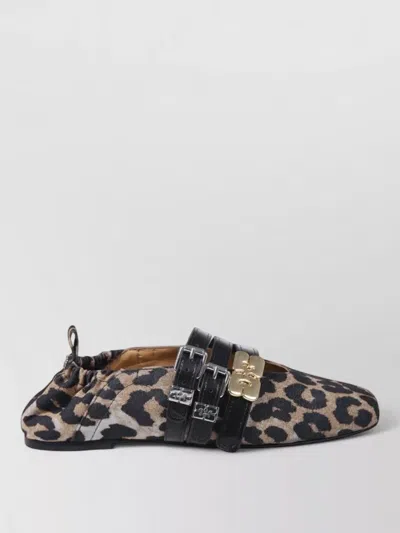 Ganni Triple Strap Denim Ballerina Shoes Animal In Multi