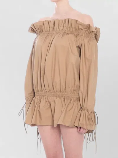 Saint Laurent Ruched Neckline Mini Dress Poet Sleeves In Brown