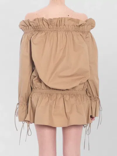 Saint Laurent Ruched Neckline Mini Dress Poet Sleeves In Brown