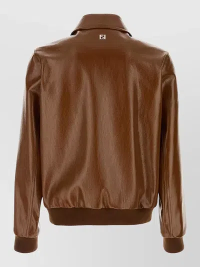 Fendi Leather Jacket Collared Design Front Pockets In Brown