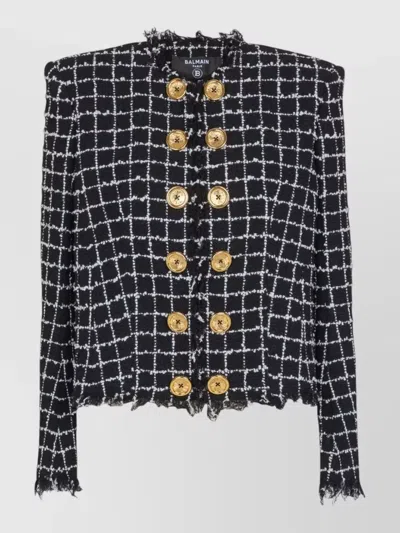 Balmain Black Checks Round Neck Blazer In Multi
