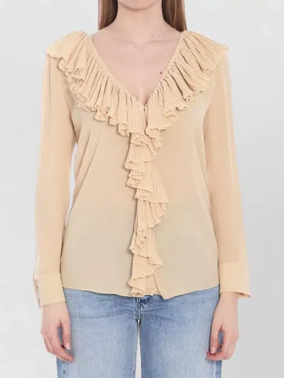 Saint Laurent Silk Blouse Deep V-neck Ruffled Front In Neutral