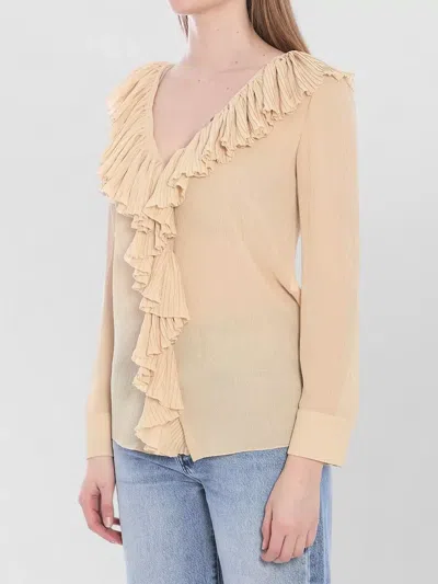 Saint Laurent Silk Blouse Deep V-neck Ruffled Front In Neutral