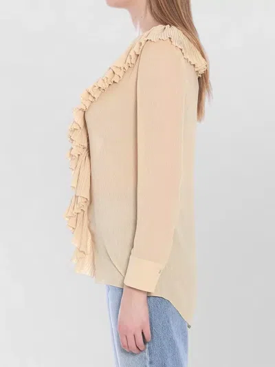 Saint Laurent Silk Blouse Deep V-neck Ruffled Front In Neutral