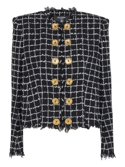Balmain Tweed Jacket Long Sleeves Frayed Edges In Multi