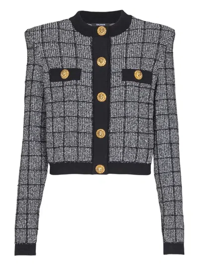 Balmain Cropped Tweed Check Cardigan Gold Buttons In Multi
