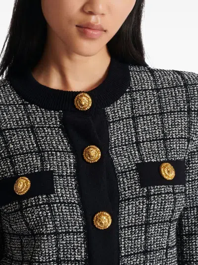 Balmain Cropped Tweed Check Cardigan Gold Buttons In Multi