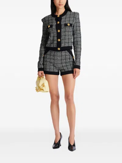 Balmain Cropped Tweed Check Cardigan Gold Buttons In Multi
