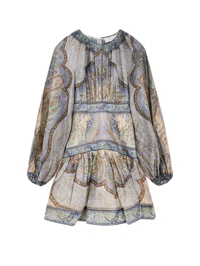 Zimmermann Wanderlust Multicolor Crewneck Mini Dress With Puffed Long Sleeves And All-over Print In Cotton And  In Blue