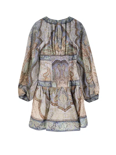 Zimmermann Wanderlust Multicolor Crewneck Mini Dress With Puffed Long Sleeves And All-over Print In Cotton And  In Blue
