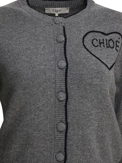Chloé Wool And Cashmere Cardigan With Logo Knitwear Grey In Gray