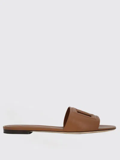 Dolce & Gabbana Slide Sandals With Cut Out Logo In Leather Woman In Brown