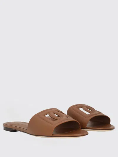 Dolce & Gabbana Slide Sandals With Cut Out Logo In Leather Woman In Brown