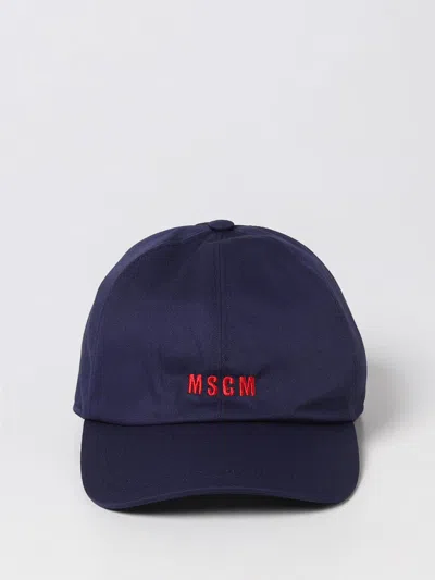 Msgm Hat In Cotton With Embroidered Logo In Blue