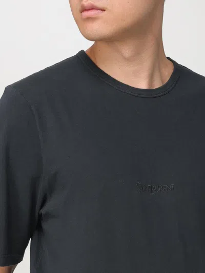 Saint Laurent Dark Grey T-shirt With Logo Lettering On The Front Tone-on-tone In Cotton Man In Animal Print