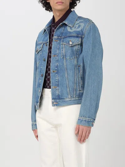 Gucci Light Blue Jacket With Gg Logo Print On The Front In Denim Man In Black