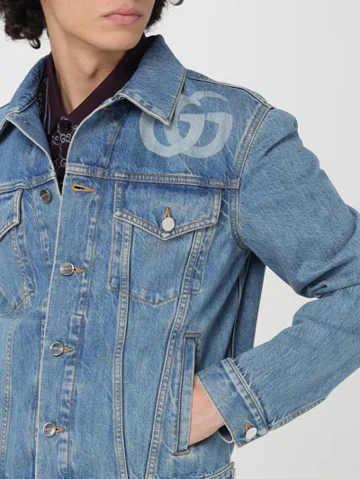 Gucci Light Blue Jacket With Gg Logo Print On The Front In Denim Man In Black