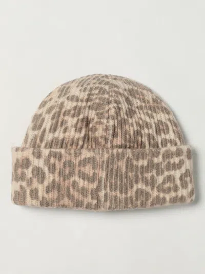Ganni Womens Leopard Graphic Print Wool Blend Beanie In Brown
