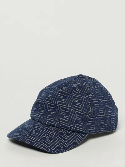 Fendi Men Embroidered Denim Baseball Cap In Blue