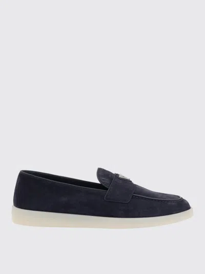 Prada Navy Blue Logo Loafers In Blue