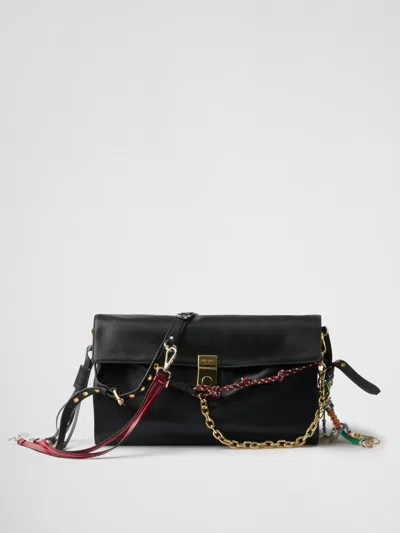 Prada Soft Sound Large Leather Shoulder Bag With Charms In Black