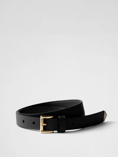 Prada Textured Saffiano Leather Belt With Enamel Triangle Logo In Black