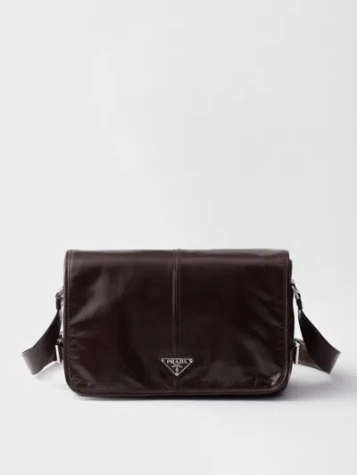 Prada Mens Grey Branded-plaque Patent-leather Shoulder Bag In Brown