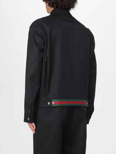 Gucci Men Black Jacket With Classic Collar And Web Motif On The Waist In Cotton Man