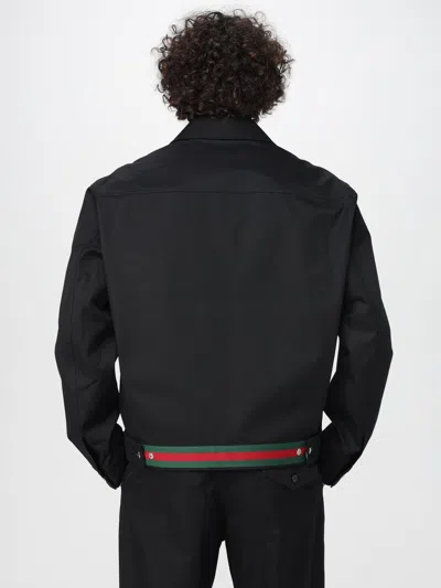 Gucci Men Black Jacket With Classic Collar And Web Motif On The Waist In Cotton Man