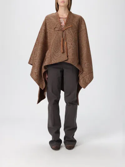 Etro Leather-trimmed Paisley-print Wool-blend Poncho In Brown