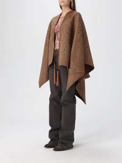 Etro Leather-trimmed Paisley-print Wool-blend Poncho In Brown