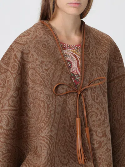 Etro Leather-trimmed Paisley-print Wool-blend Poncho In Brown