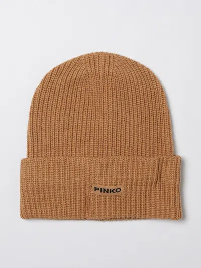 Pinko Knitted Beanie Hat With Logo In Brown