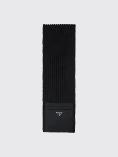 Prada Wool Blend Ribbed Scarf With Zip Pocket In Black