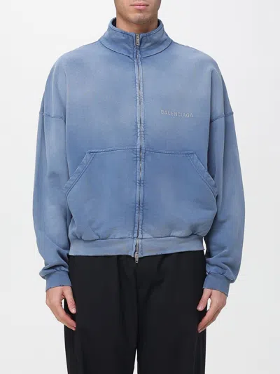 Balenciaga Distressed Logo Zip-up Sweatshirt In Blue