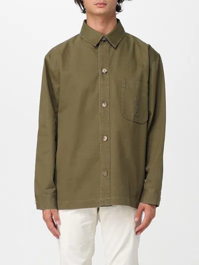 Saint Laurent Green Shirt With Classic Collar And Cassandre Embroidery On The Front In Cotton Man
