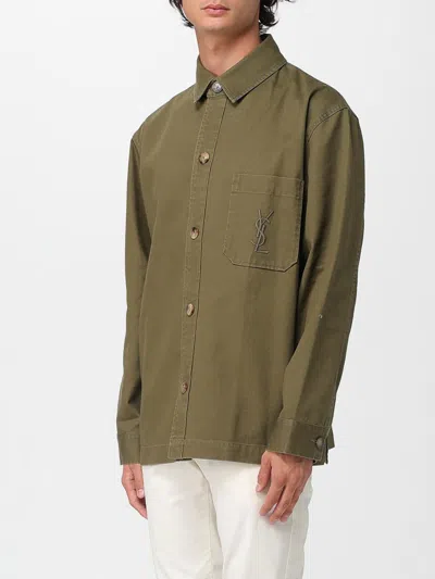 Saint Laurent Green Shirt With Classic Collar And Cassandre Embroidery On The Front In Cotton Man