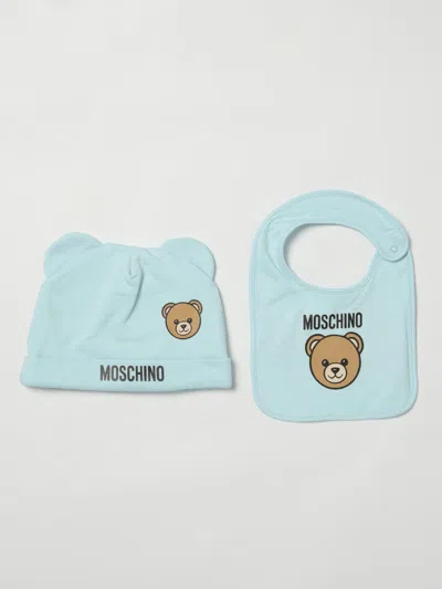Moschino Teddy Cotton Hat And Bib Set In Blue
