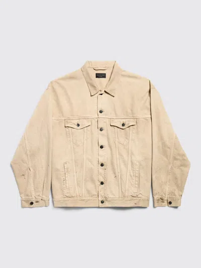 Balenciaga Beige Denim Jacket With Contrast Logo Embroidery In Gold