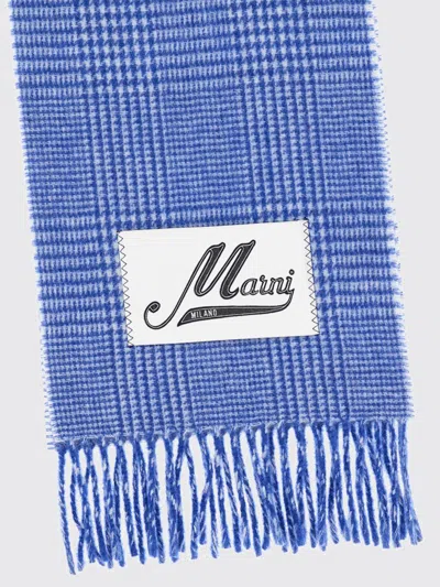 Marni Classic Check Wool Scarf With Logo Label In Blue