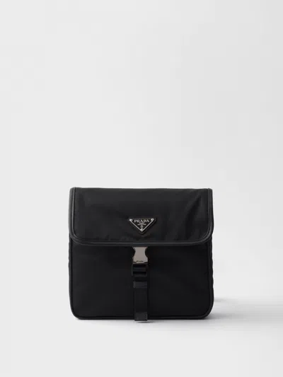 Prada Fabric Leather Shoulder Bag Adjustable Strap Front Flap In Black
