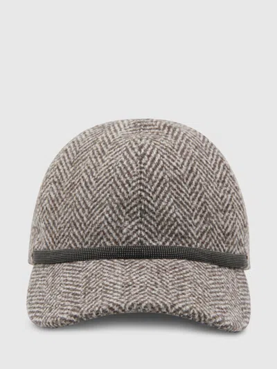 Brunello Cucinelli Bead-embellished Herringbone Wool-blend Tweed Cap In Gray