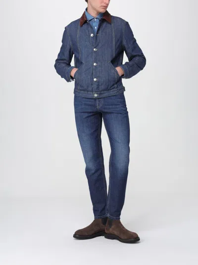 Brunello Cucinelli Men Lightweight Denim Jacket With Leather Collar In Animal Print